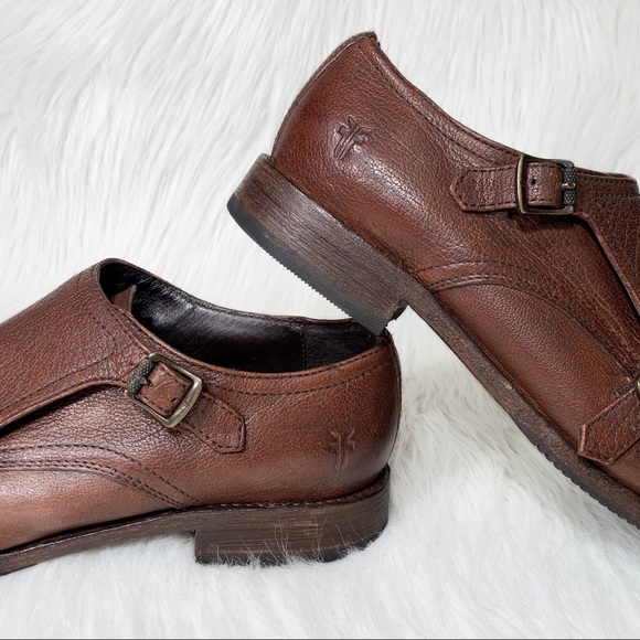 SOLD-Frye Leather Womens Buckled Oxford Flats, Menswear-Inspired Cognac Loafer - Picture 5 of 13